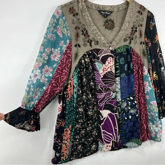 Boho Patchwork Button Down Blouse M | Embroidered Flowy Layering Top - Picture 8 of 11